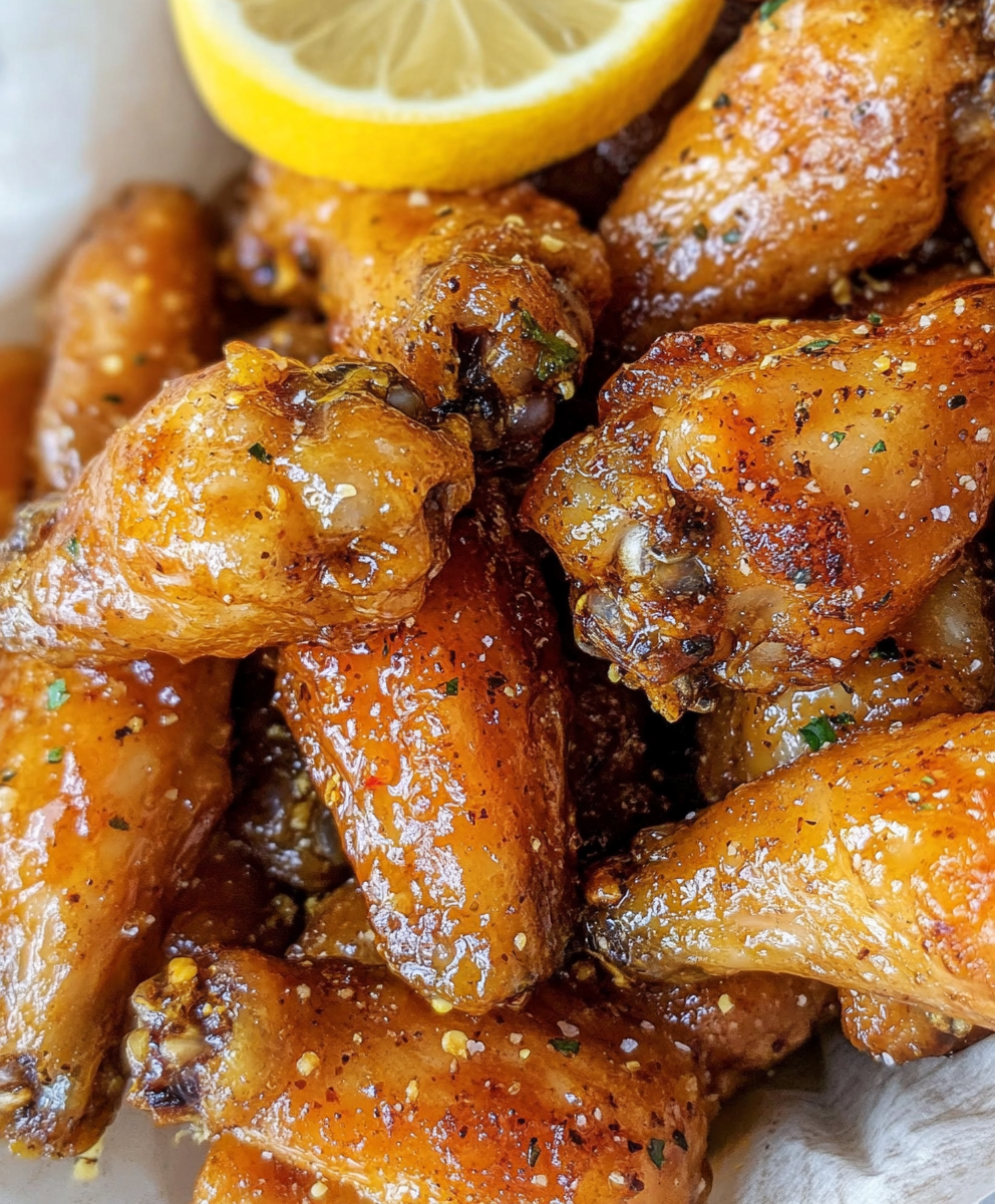 Close-up of glazed Honey Lemon Pepper Wings