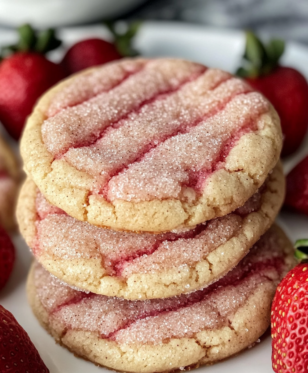 Freshly baked strawberry sugar cookies on parchment