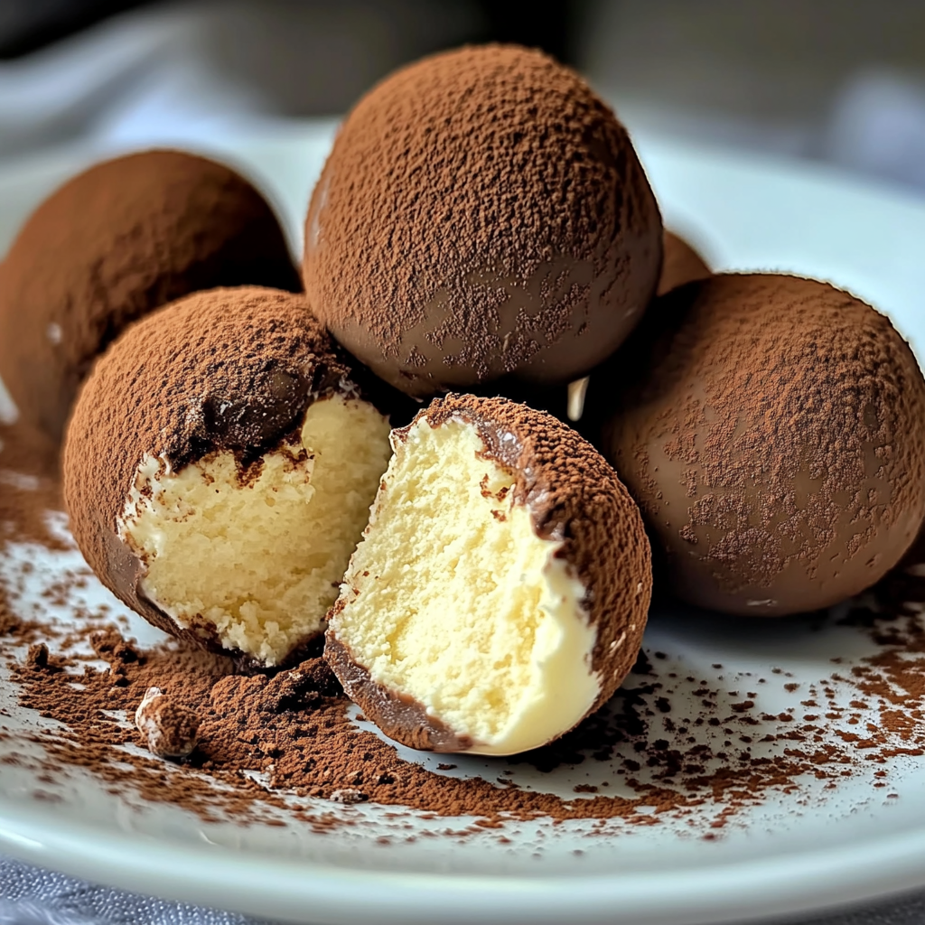 Close up of a tiramisu truffle dusted with cacao