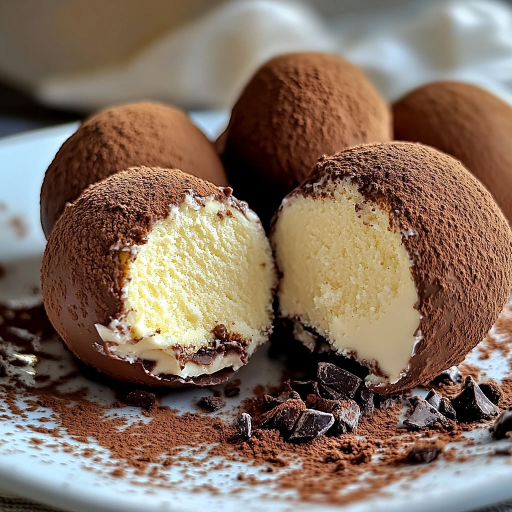 Tiramisu truffles being rolled on a plate