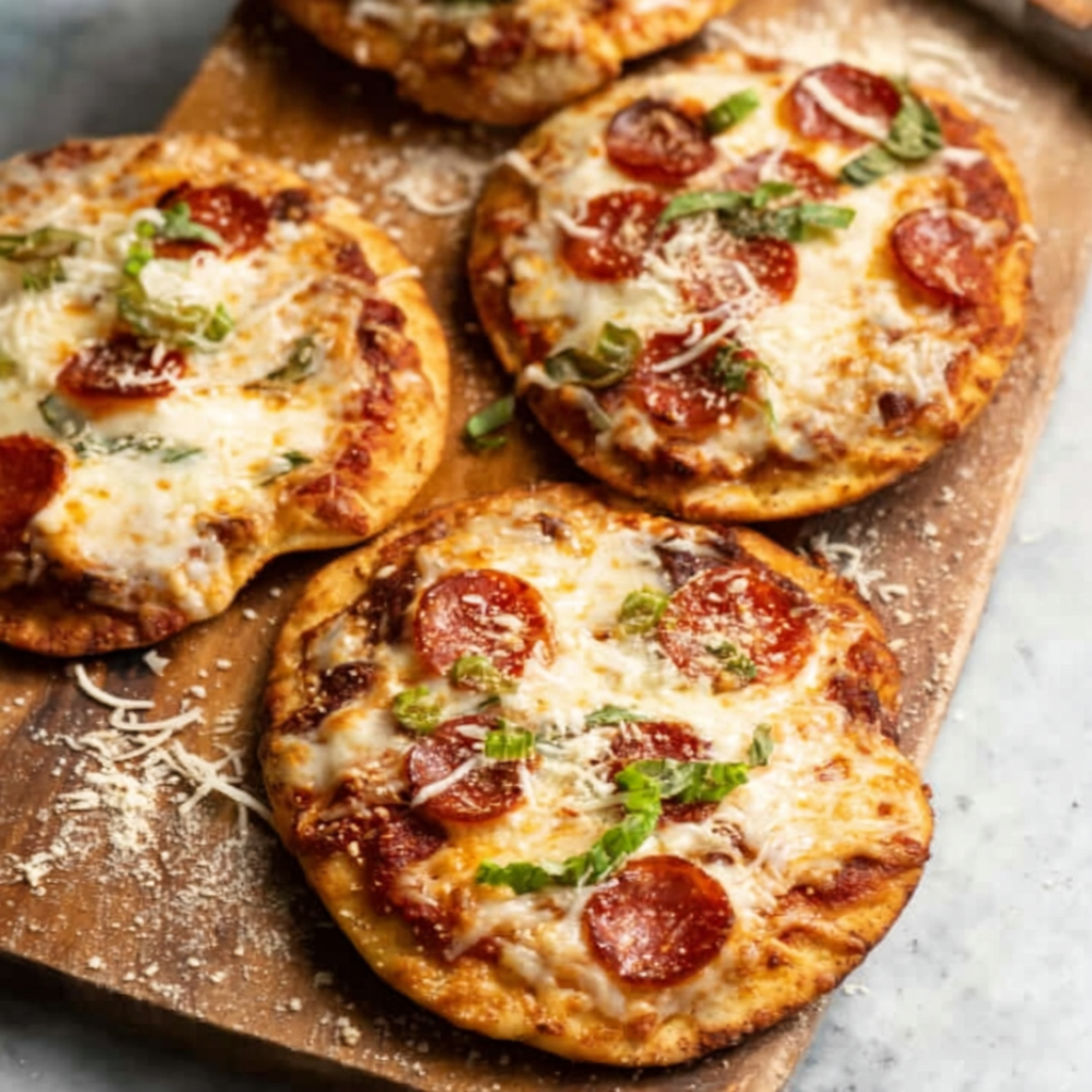 Tray of mini pizzas on baking sheet with golden edges