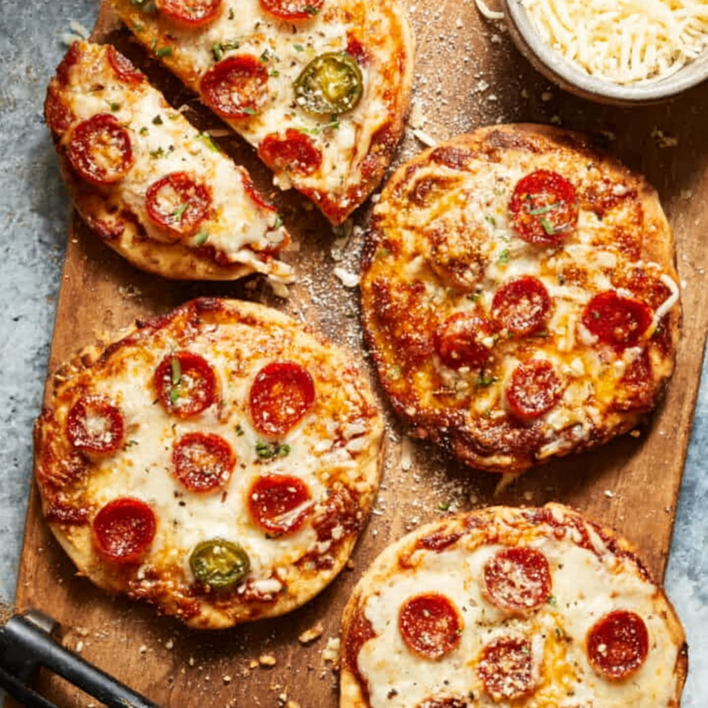 Close-up of a single mini pizza with melted cheese and pepperoni