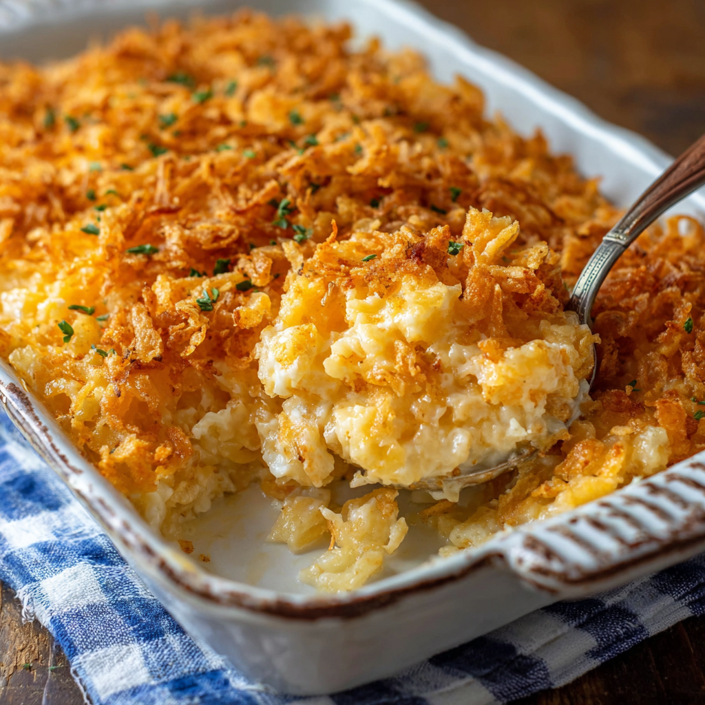 Golden baked cheesy potato casserole with crunchy topping