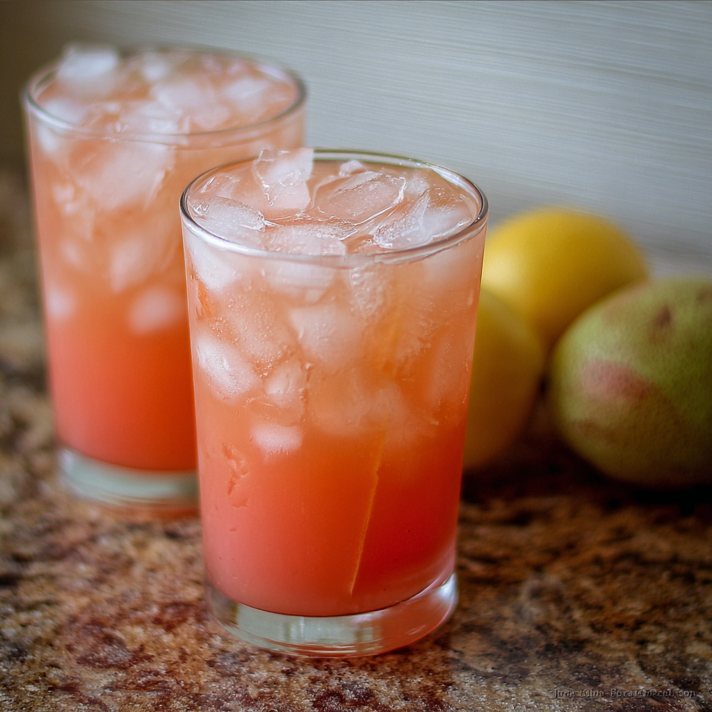 Iced guava white tea lemonade in a tall glass with lemon