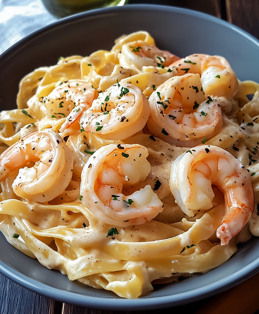Creamy shrimp fettuccine alfredo in a white bowl