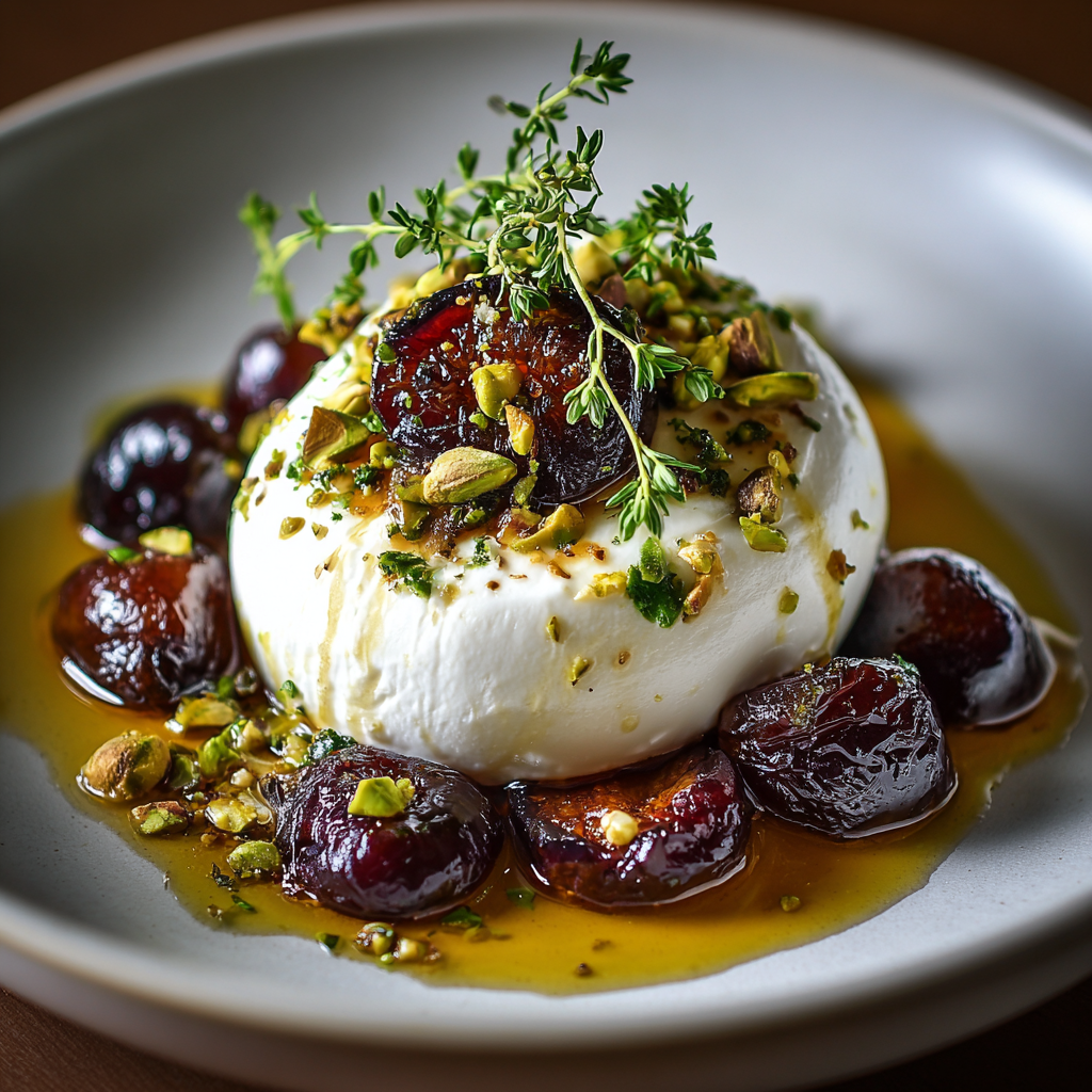 Burrata with Roasted Plums, Pistachios & Thyme
