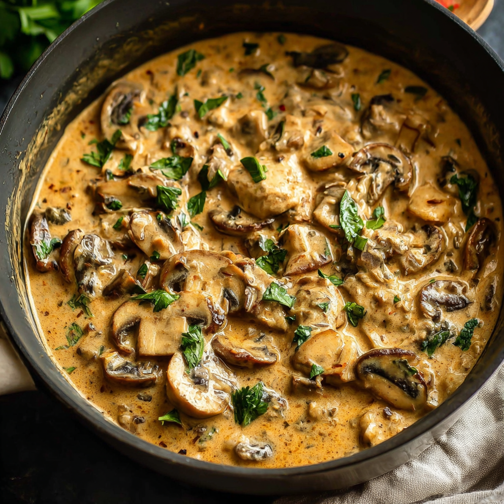 Mushroom sauce over steak and pasta