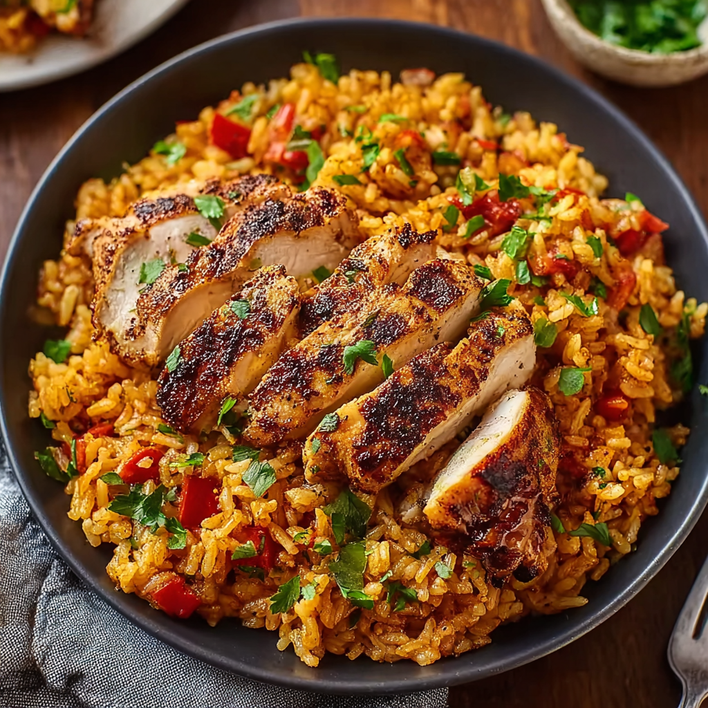 Plated Cajun Chicken and Rice with mango and cilantro