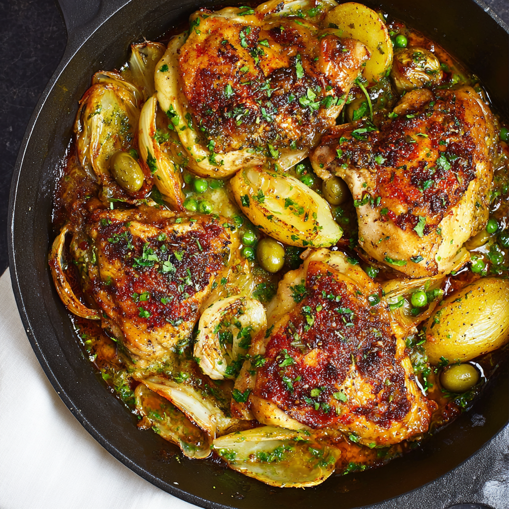 Chicken Vesuvio plated with parsley and peas