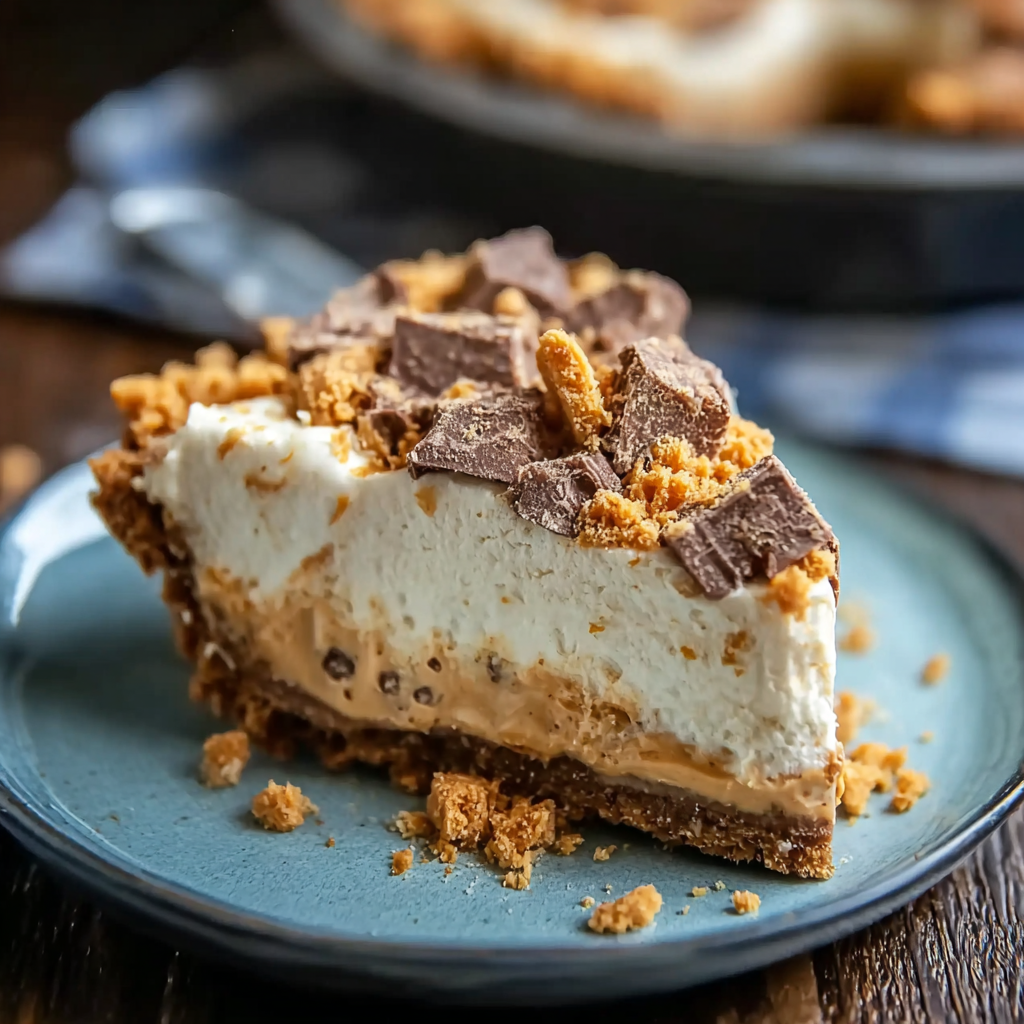 Butterfinger pie sliced on a plate