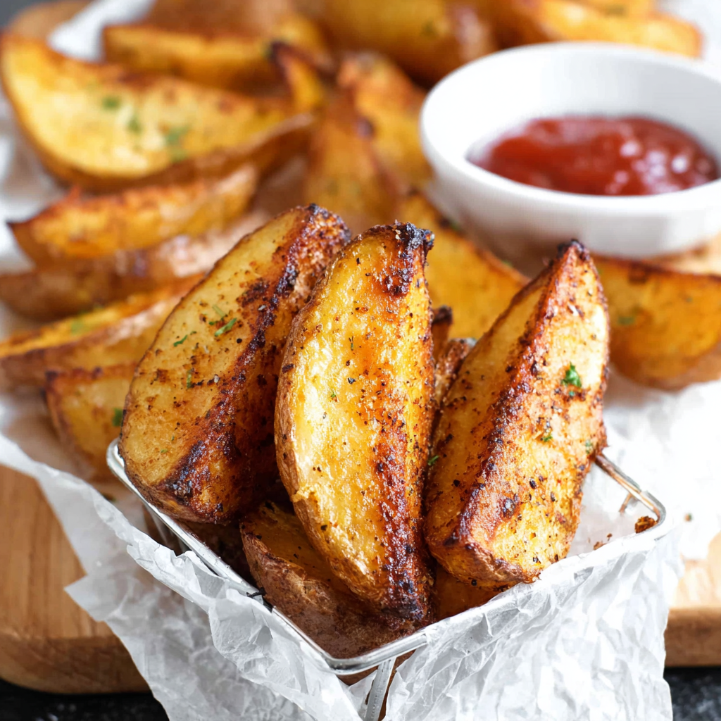 Close up of seasoned potato wedges on a tray