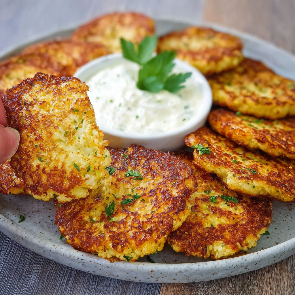 Golden cauliflower fritters on a plate with tzatziki