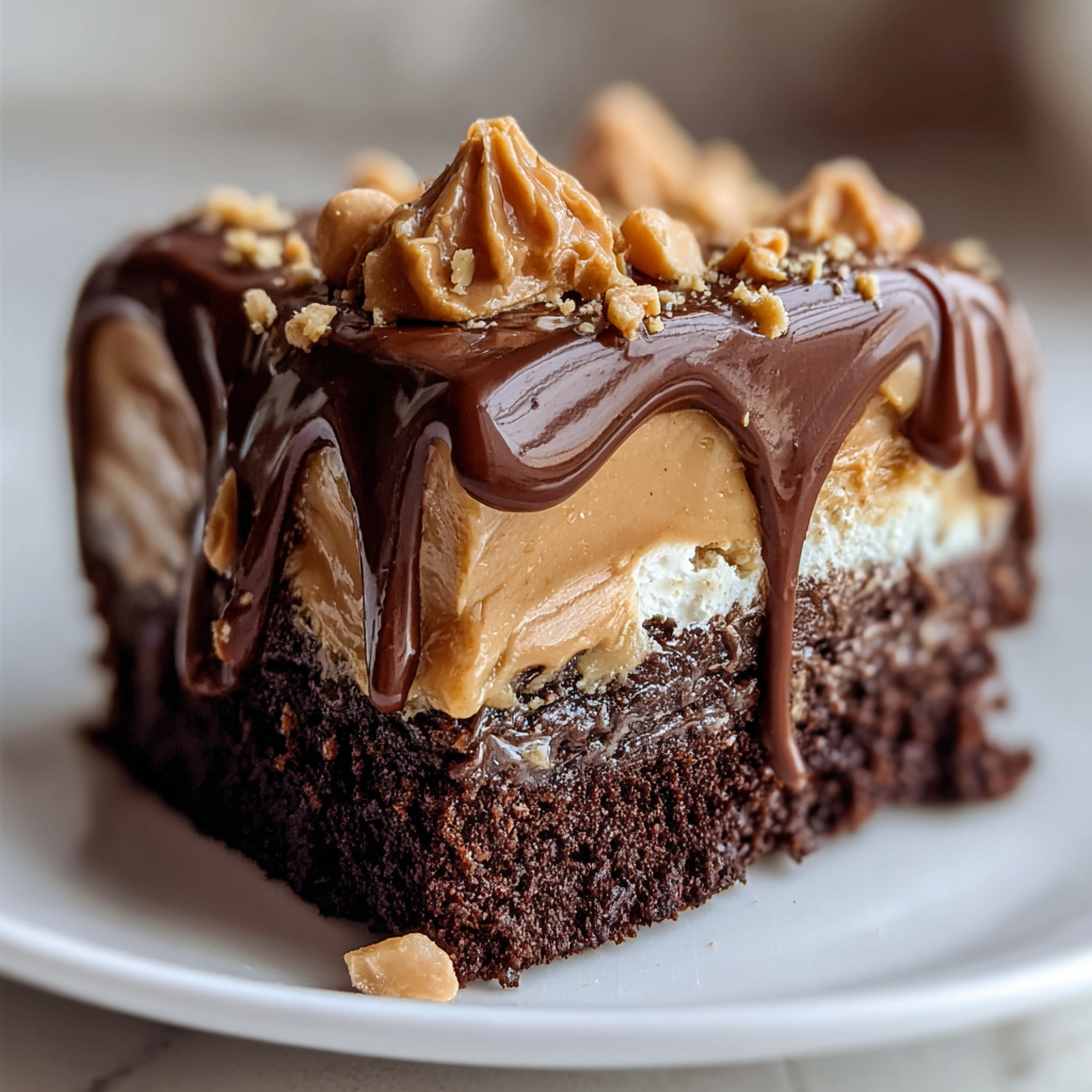 Chocolate Peanut Butter Poke Cake - close up of sliced cake with peanut butter cups