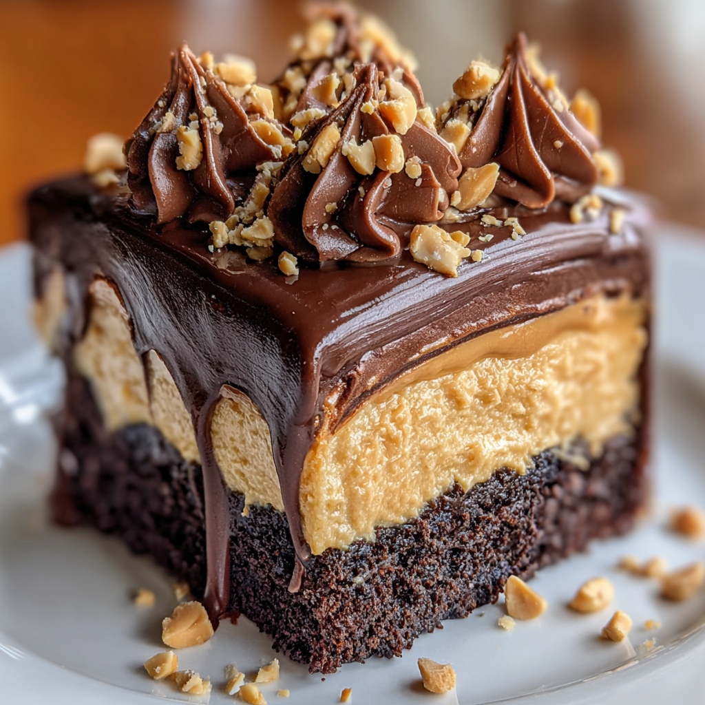 Top view of poke cake with peanut butter cups and fudge drizzle