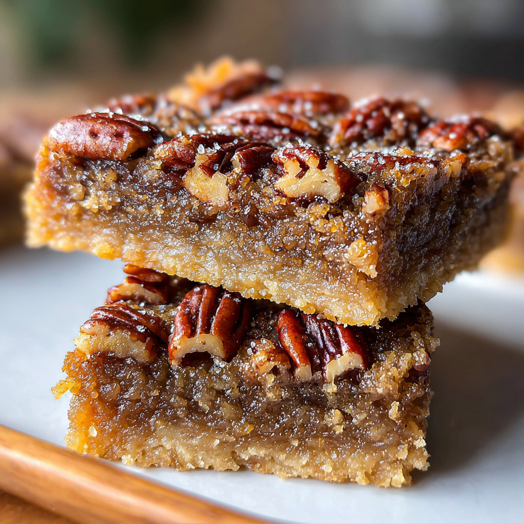 Close up of pecan pie bars showing caramel and pecans