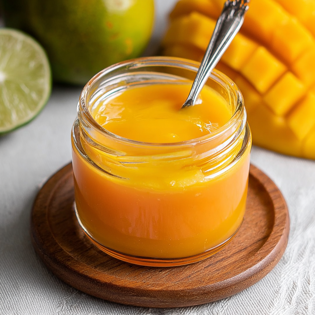 Finished mango coulis drizzled over dessert