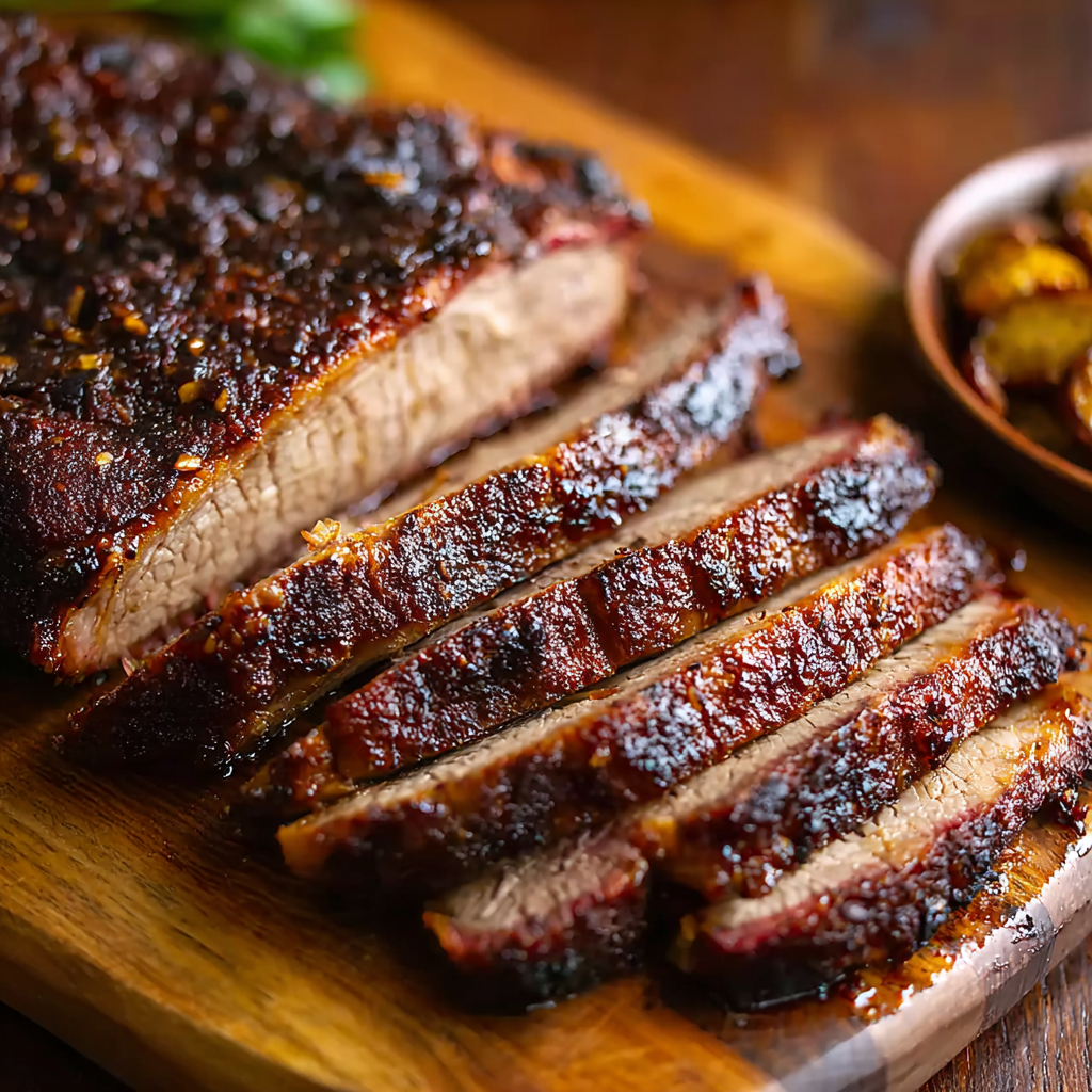 Smoked oven brisket on a cutting board