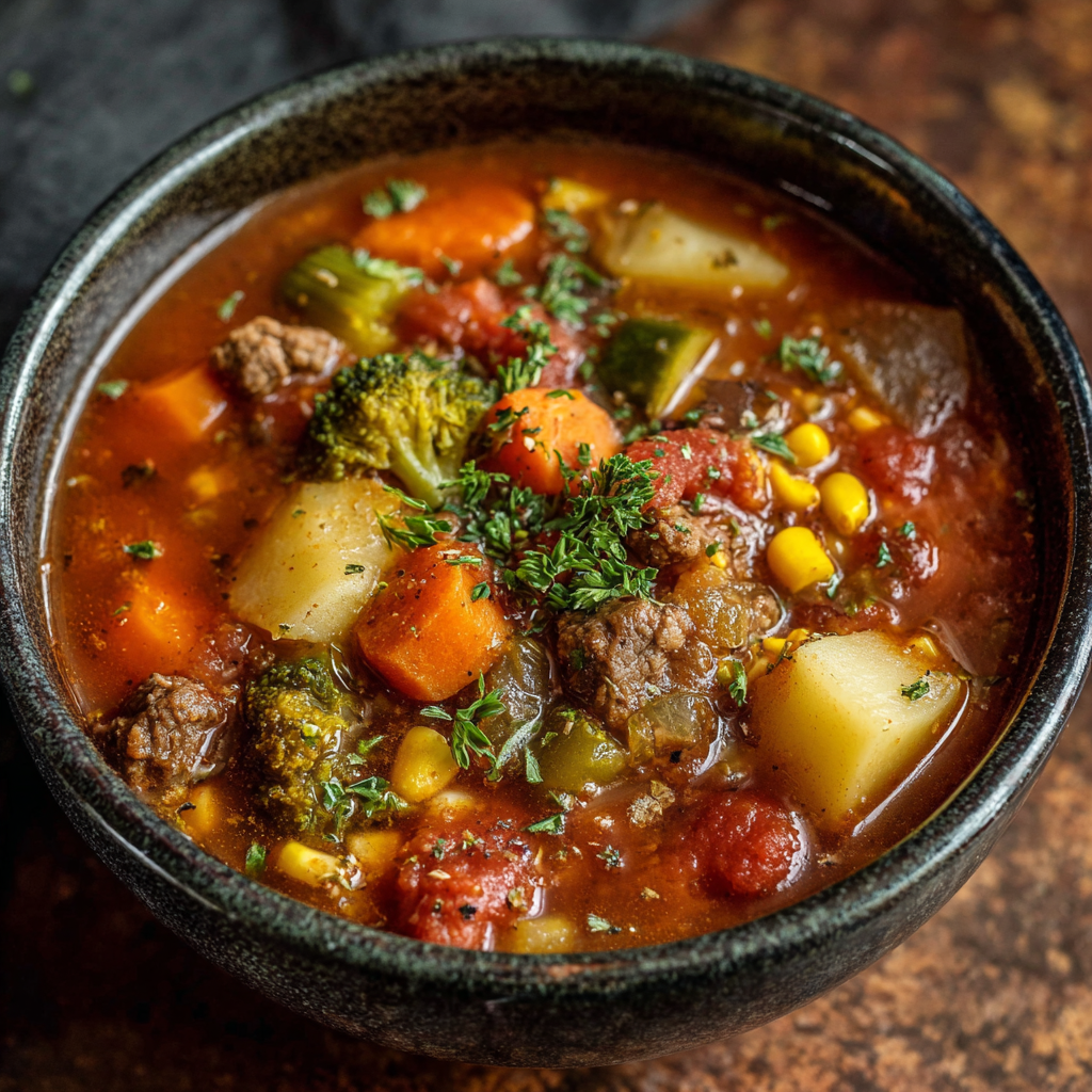 Slow cooker full of vegetable beef soup
