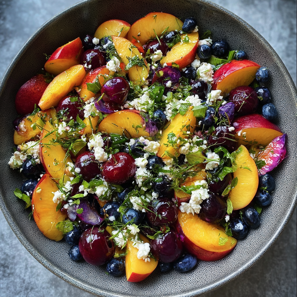 Blueberry Peach Feta Salad in white bowl