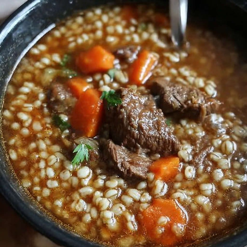 Hearty bowl of beef barley soup in a white bowl