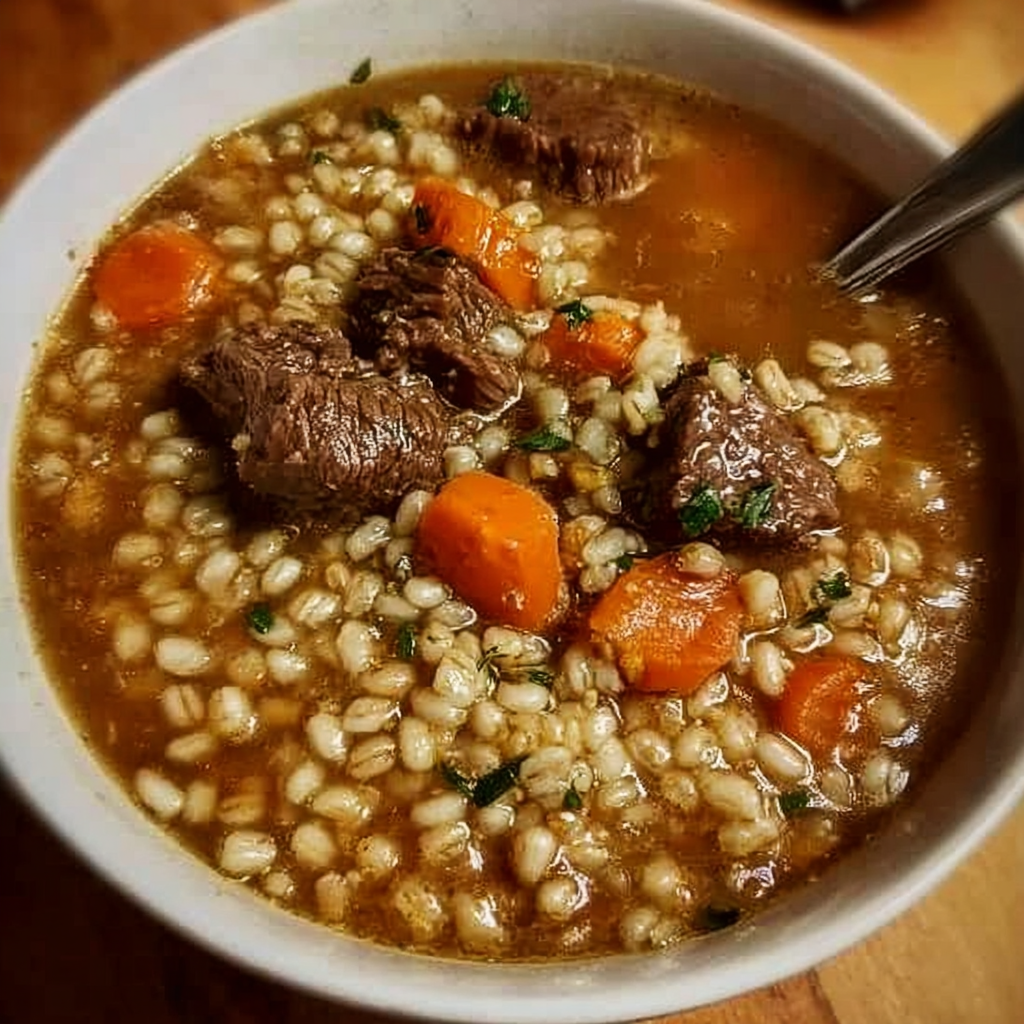 Close up of spoon lifting beef and barley from soup