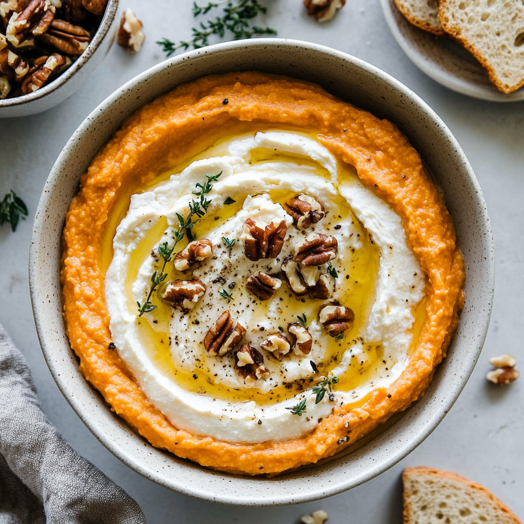 Overhead of pumpkin whipped feta ready to serve