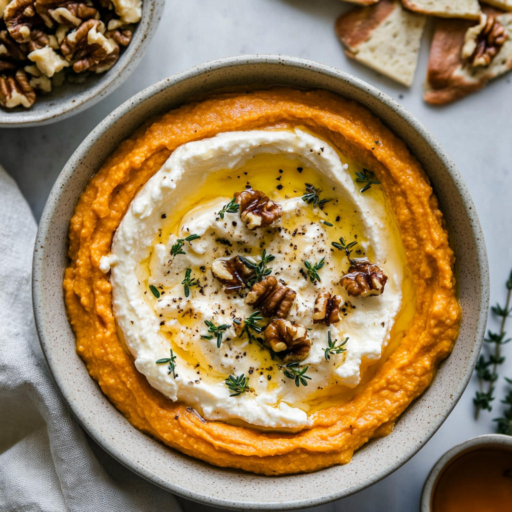 Pumpkin whipped feta with thyme and walnuts