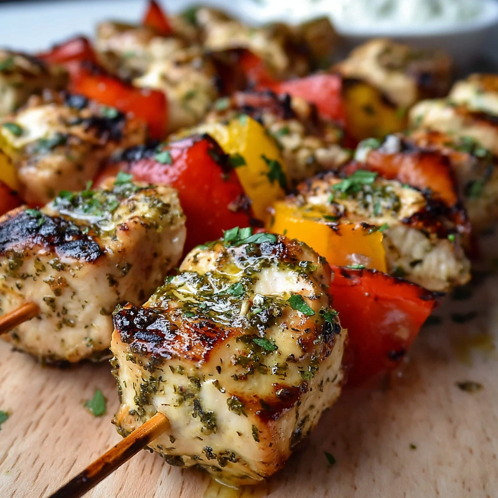 Grilled Greek chicken kabobs plated with lemon wedges