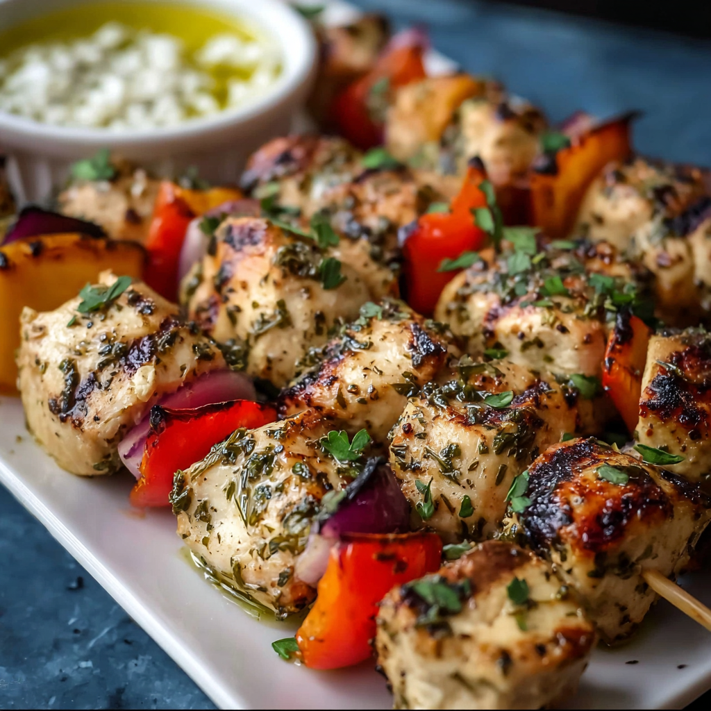 Marinated chicken and vegetables ready to thread onto skewers