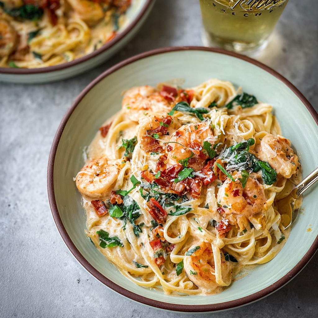 Bright plate of creamy Tuscan shrimp with basil