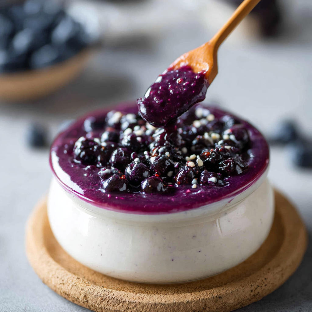 Jar of blueberry curd on a counter