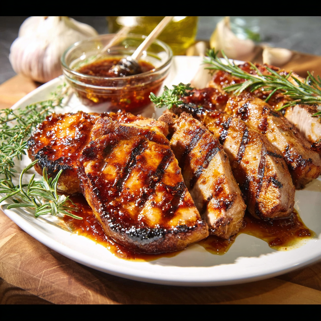 Seared honey garlic pork chop in skillet