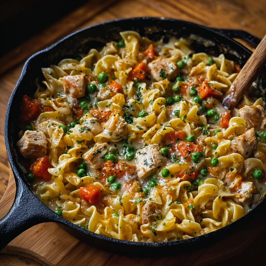 Chicken pot pie noodle skillet bubbling in skillet