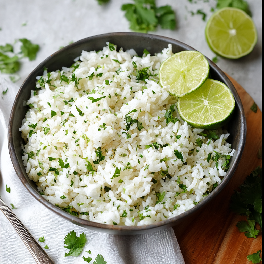 Serving bowl of cilantro lime rice with lime wedge
