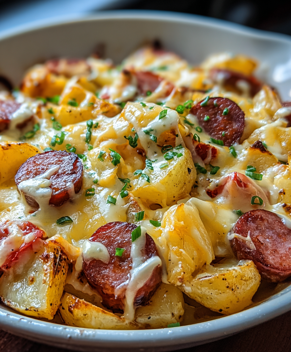 Close-up of melted cheese and browned sausage slices