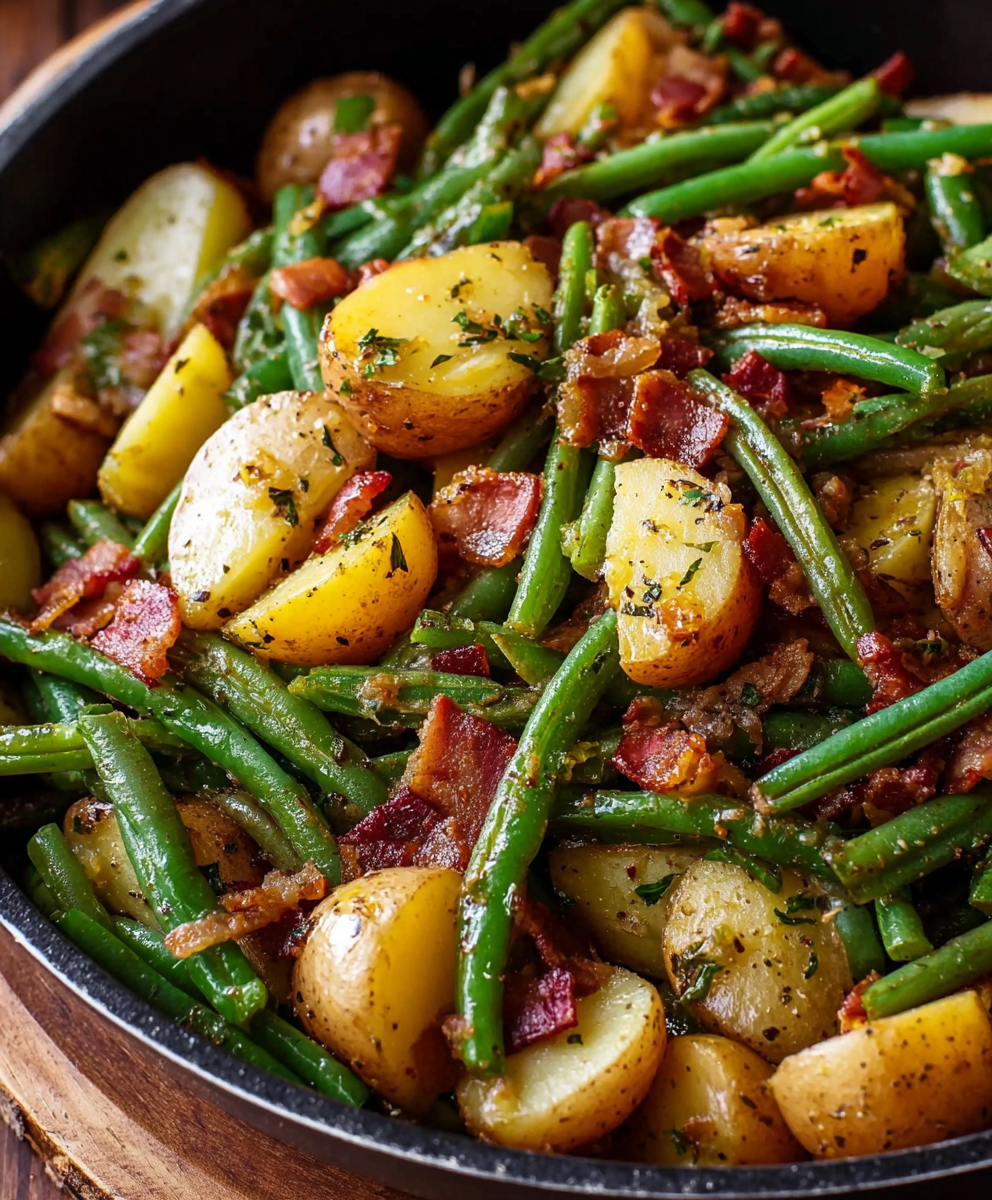 Skillet with ranch green beans and potatoes finishing with bacon