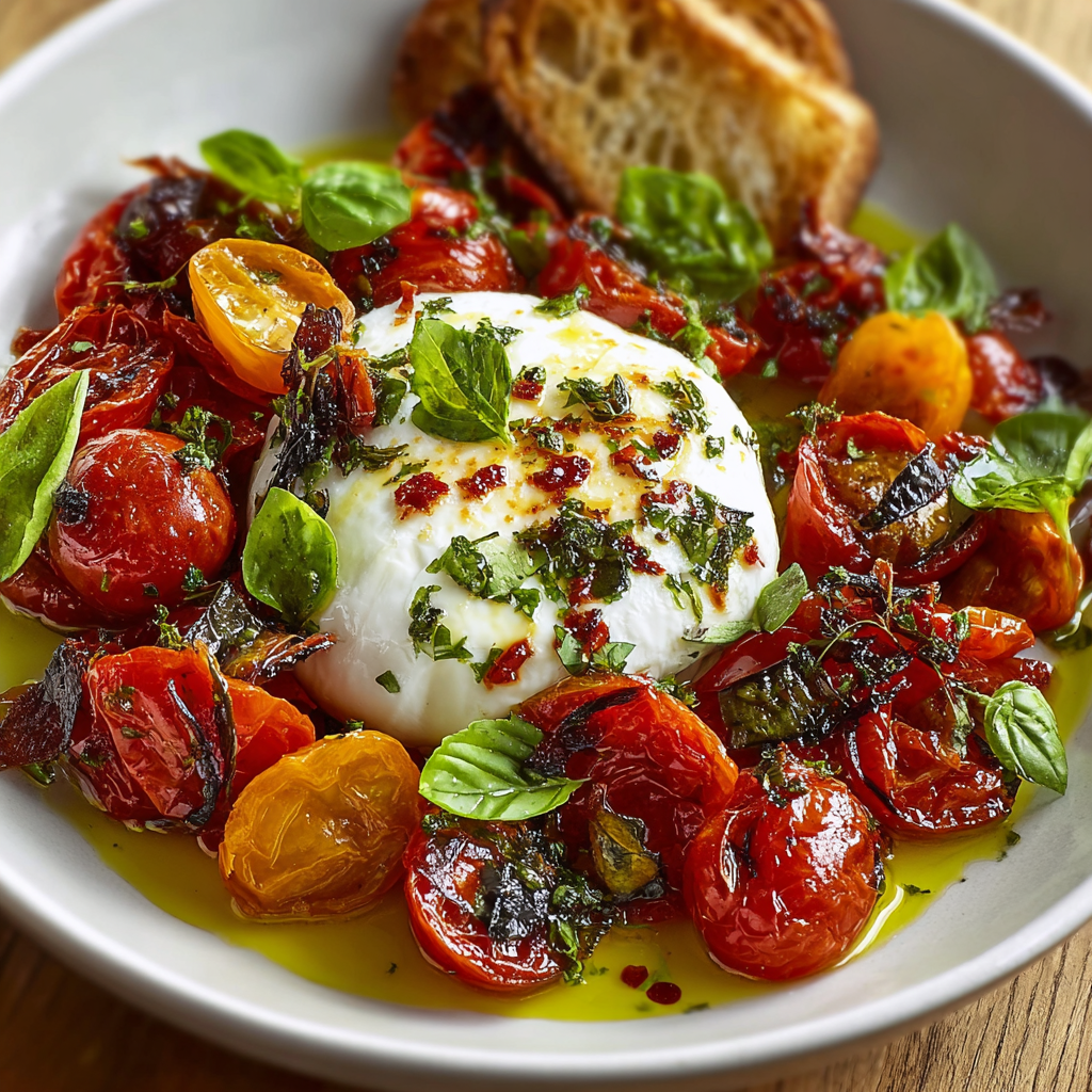 Roasted tomatoes with burrata in a baking dish