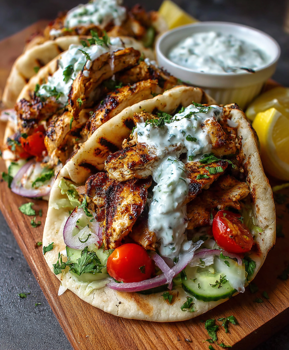 Assembled gyros with tzatziki and salad