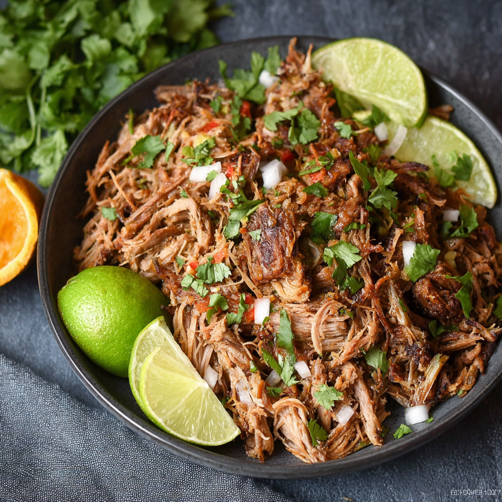 Plated carnitas tacos with cilantro and lime