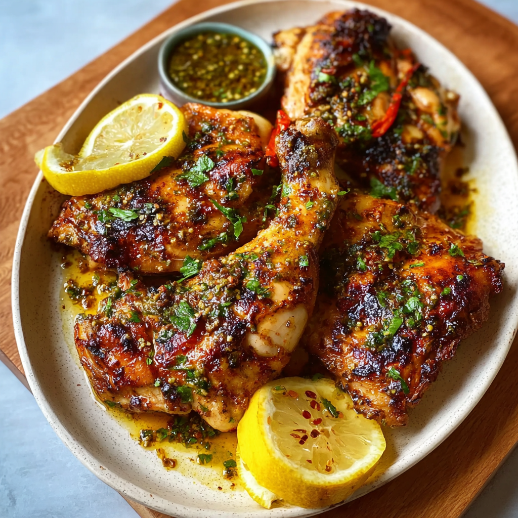 Carved grilled chicken pieces with lemon and sauce