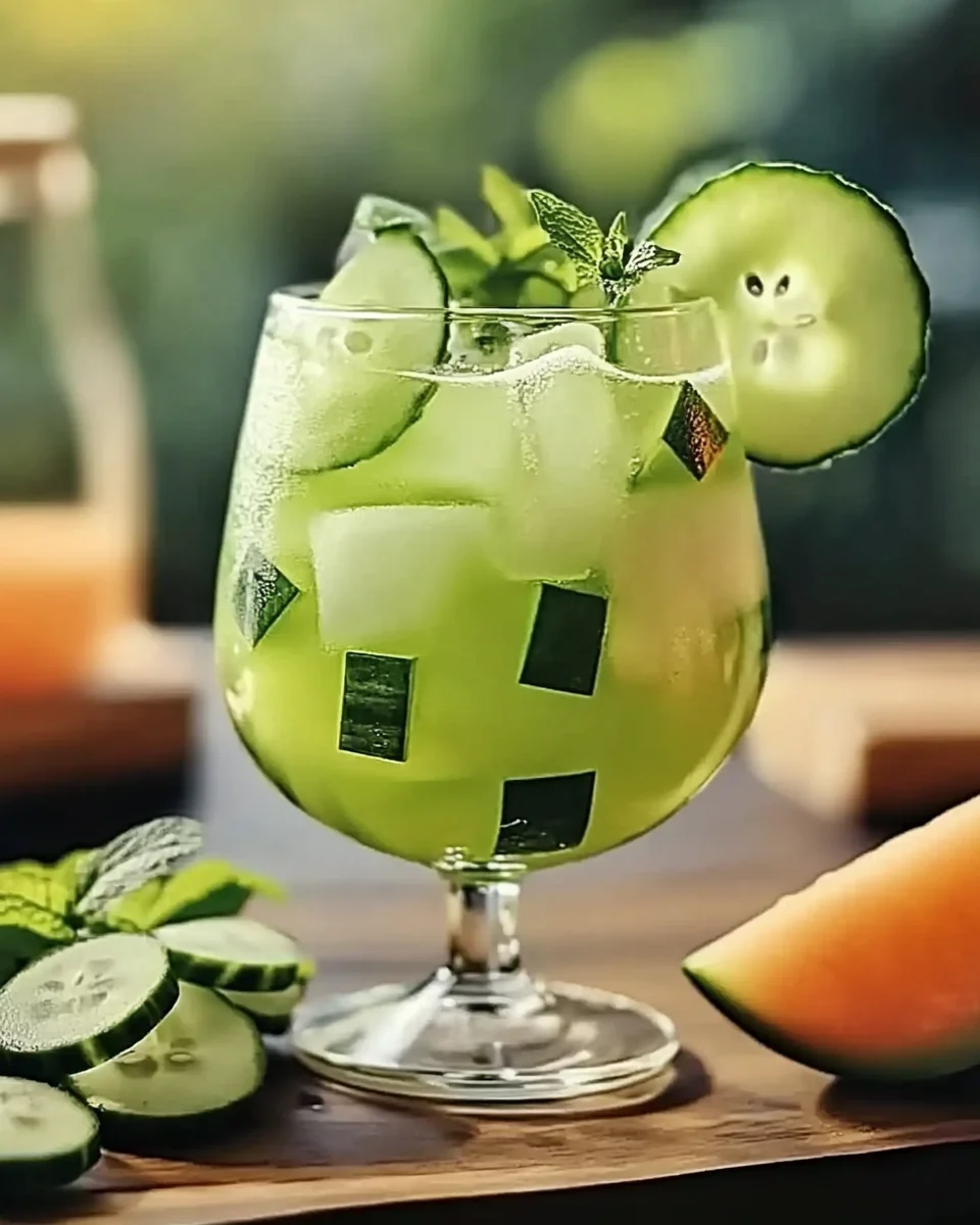 Glass of cucumber melon splash with mint garnish
