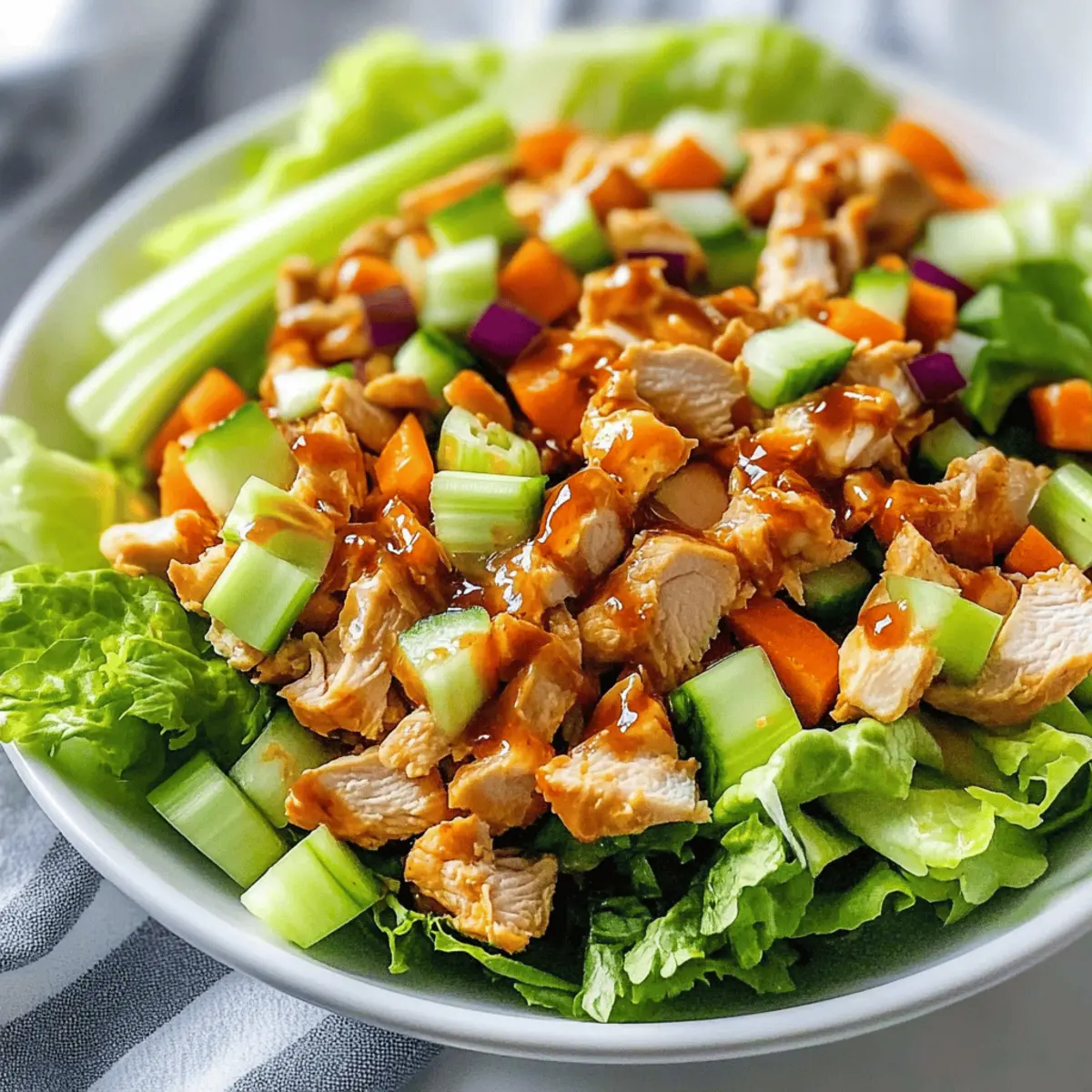 Honey hot chicken being tossed with salad ingredients in a bowl