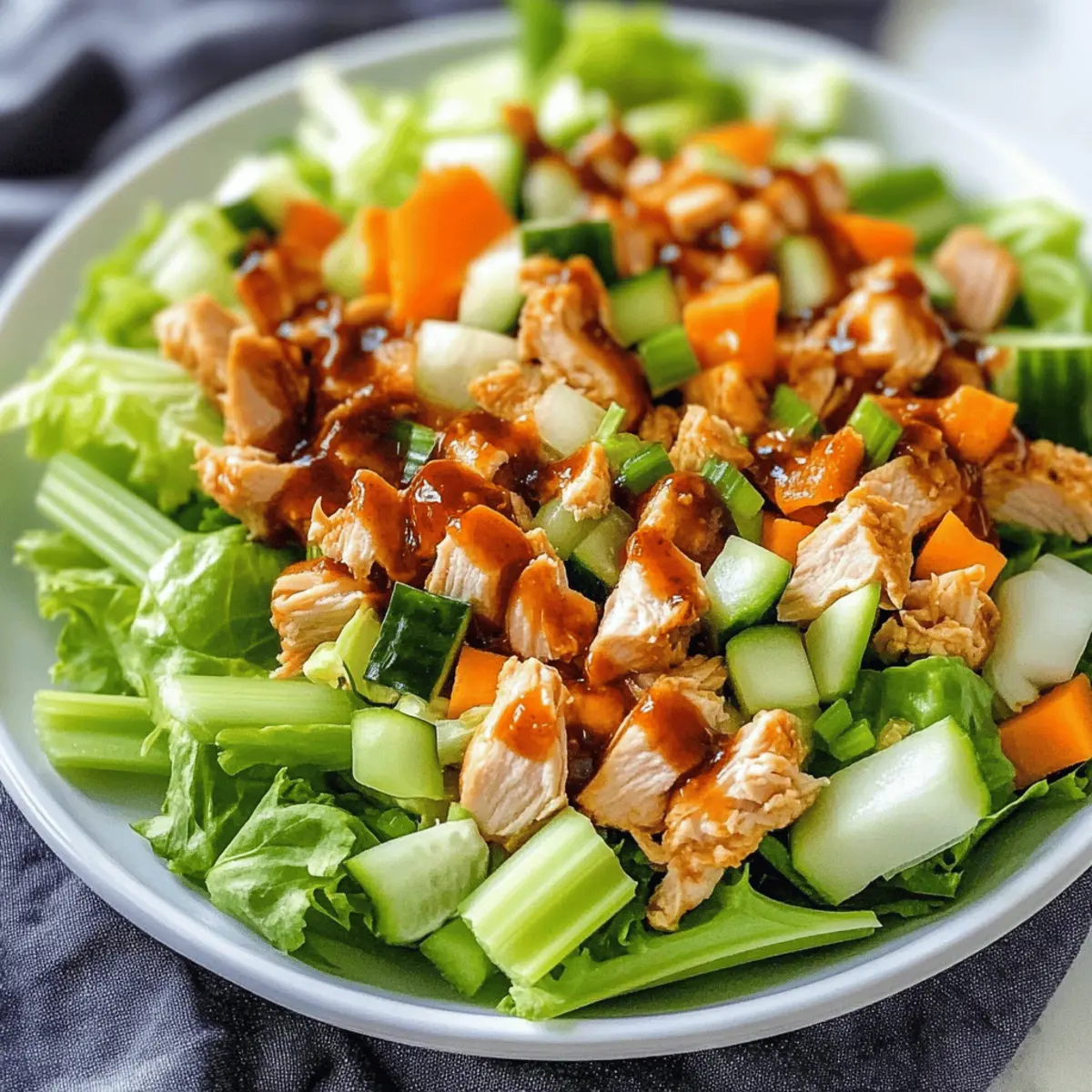 Plated honey hot chicken salad on a rustic table