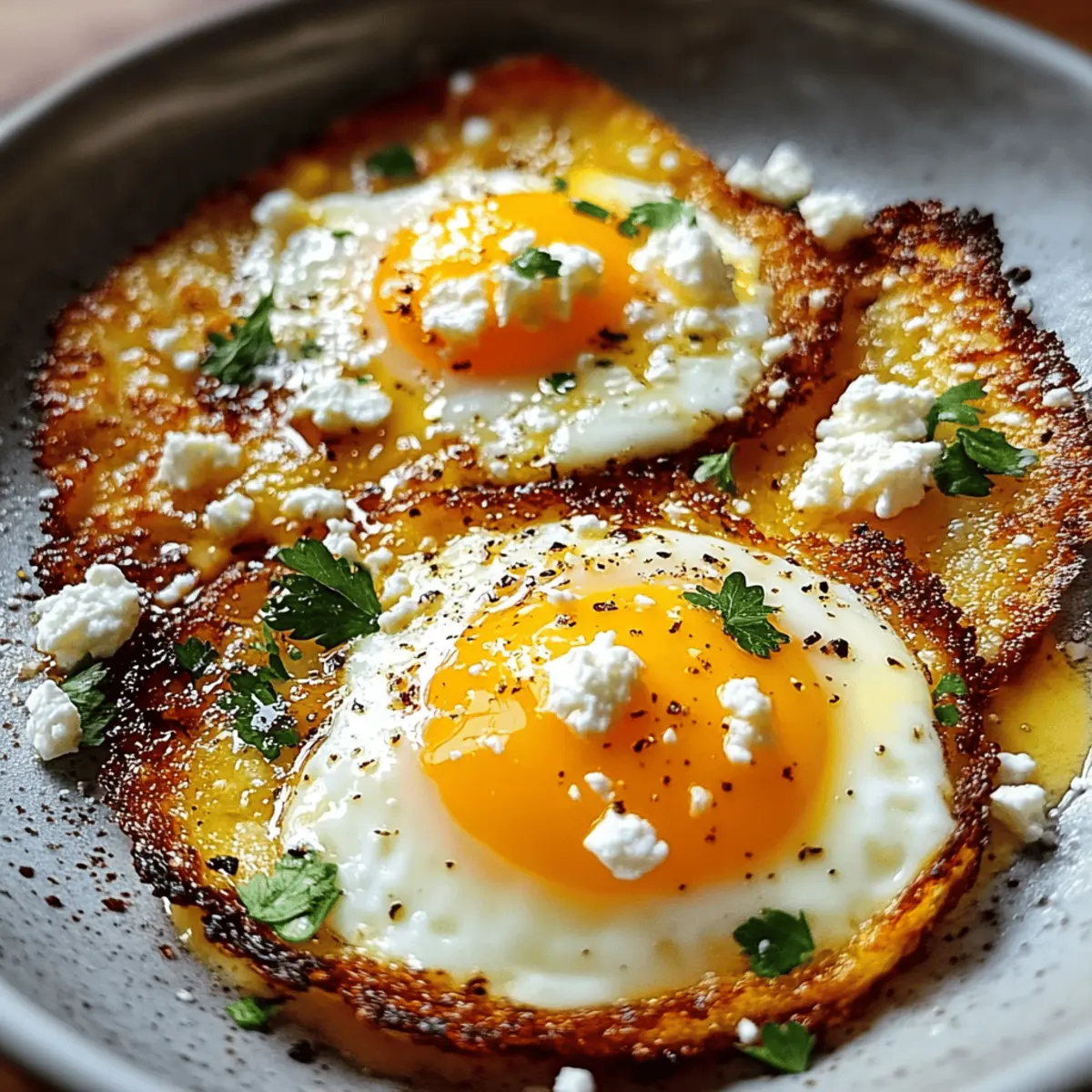 Crispy feta frying in a skillet with eggs ready to be cracked