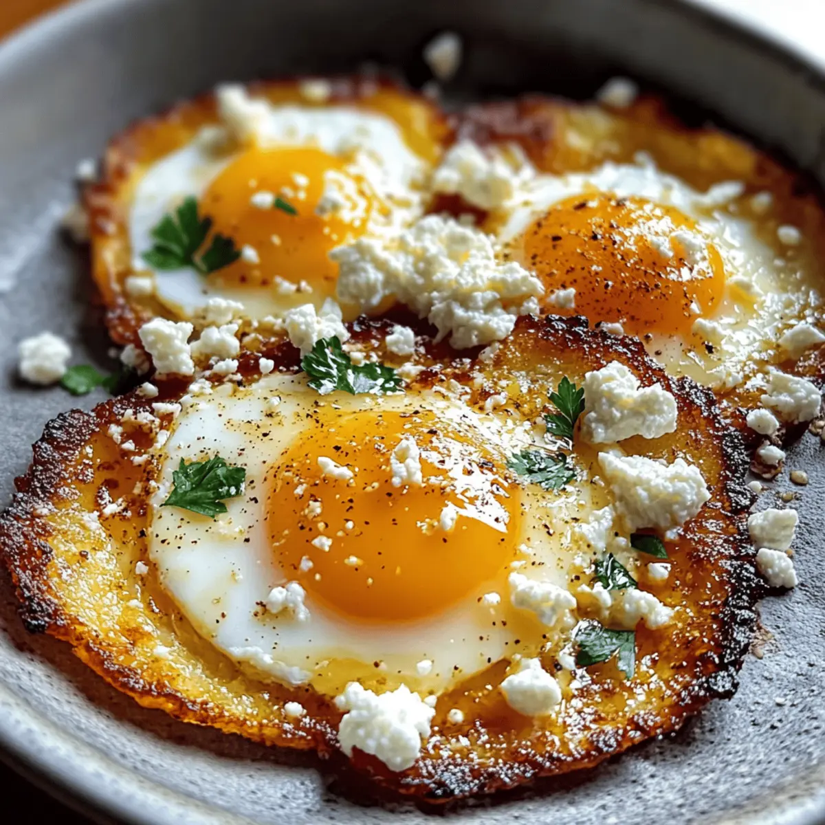 Plated crispy feta fried eggs garnished with parsley and red pepper flakes