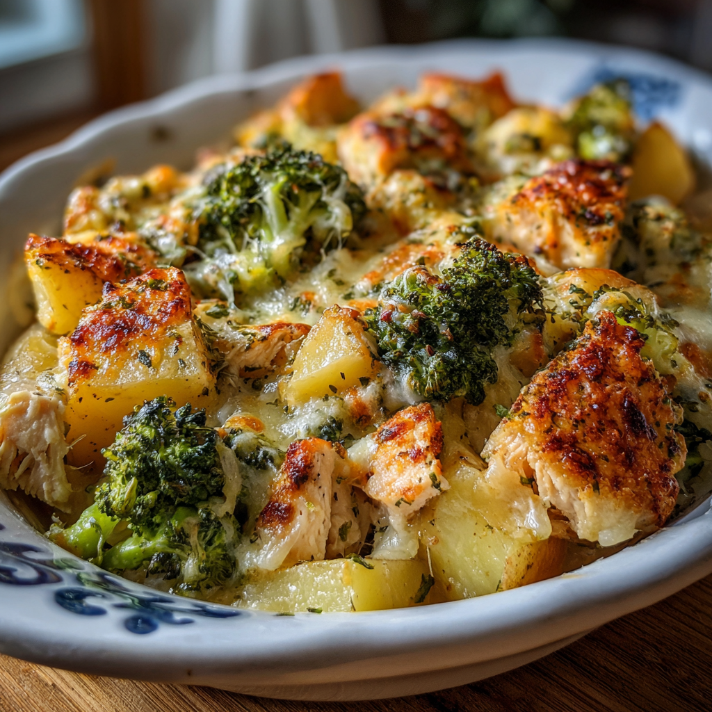 Loaded chicken and broccoli potato casserole fresh from the oven