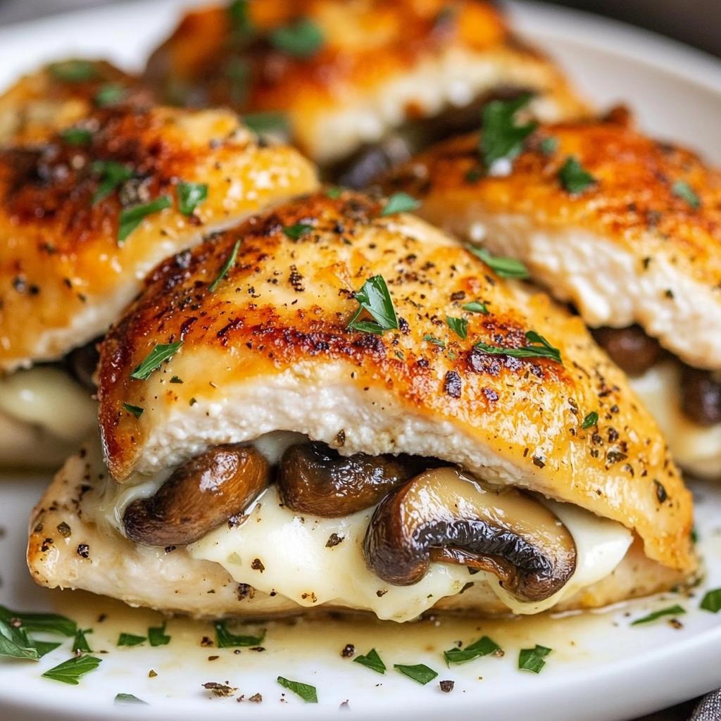 Cheesy garlic butter mushroom stuffed chicken in a baking dish
