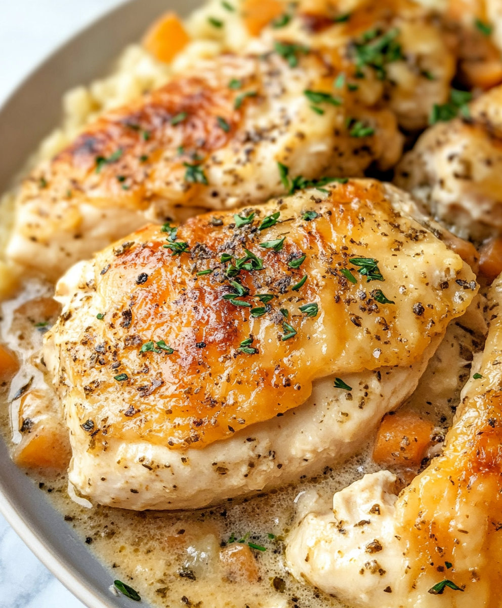 Plated cream cheese chicken with rice and parsley