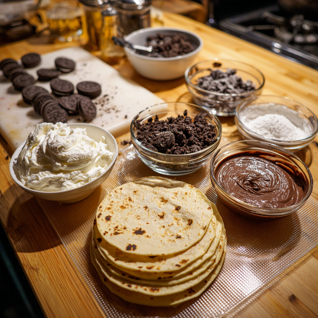 A paper-lined basket with deep-fried Oreos, with one cut in half