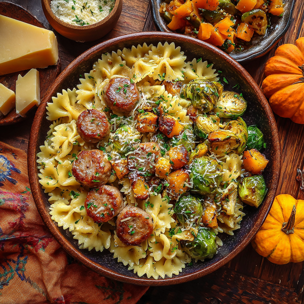 Autumn Dinner with Sausage, Pasta, Brussels Sprouts, and Butternut Squash